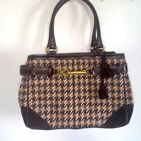 Coach Handbags - Coach | Bags | F10200 Houndstooth Hand bag | Rare Brown Tweed & leather buckled